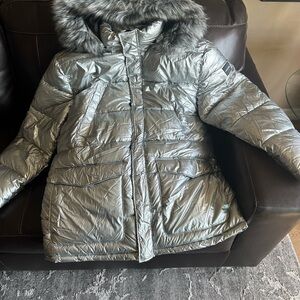 Calvin Klein Silver Puffer Jacket with Faux Fur Hood